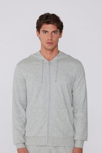 Grey Long-Sleeved Zip-Up Hoodie, Light Grey Blend, medium