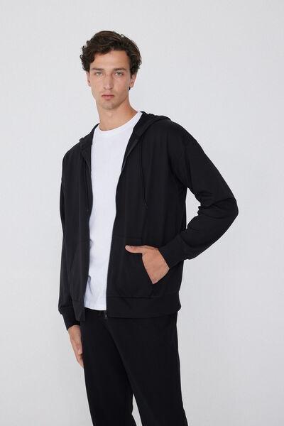 Black Zip-Up Hooded Sweatshirt, Black, medium