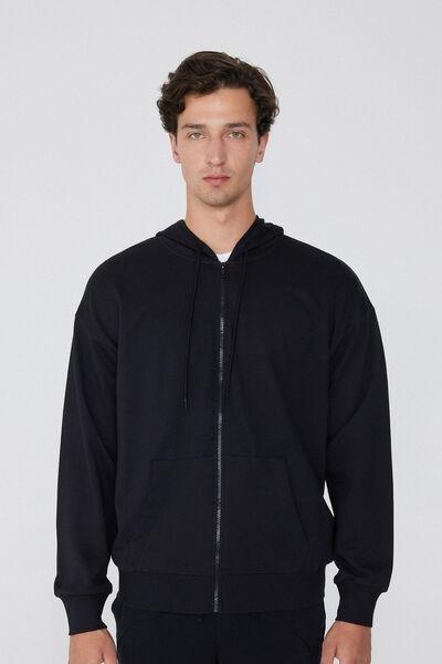 Black Zip-Up Hooded Sweatshirt, Black, medium