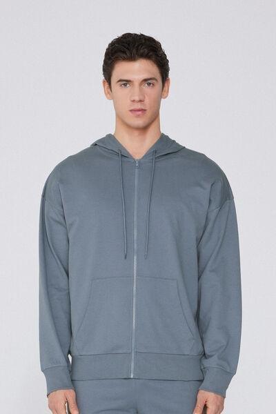Grey Zip-Up Hooded Sweatshirt, , medium
