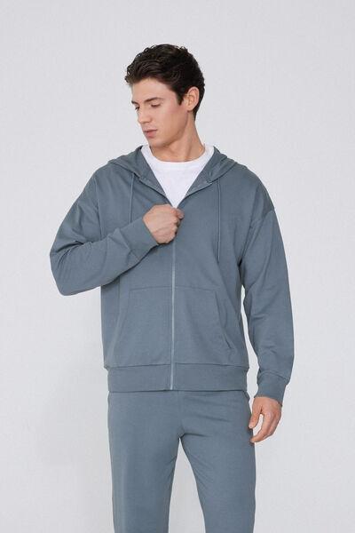 Grey Zip-Up Hooded Sweatshirt, 5701_865W, large image number 0