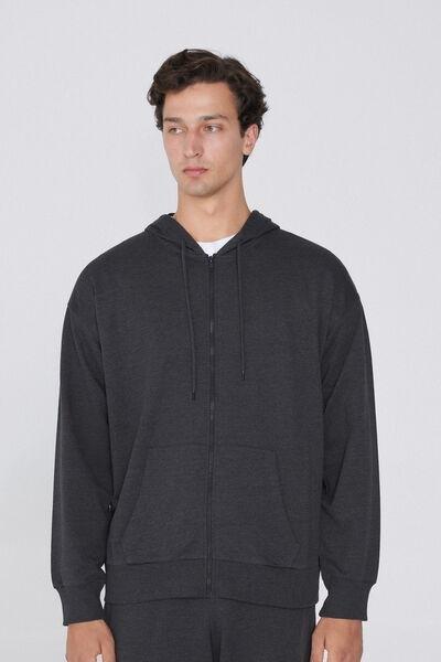 Grey Zip-Up Hooded Sweatshirt, , large image number 0