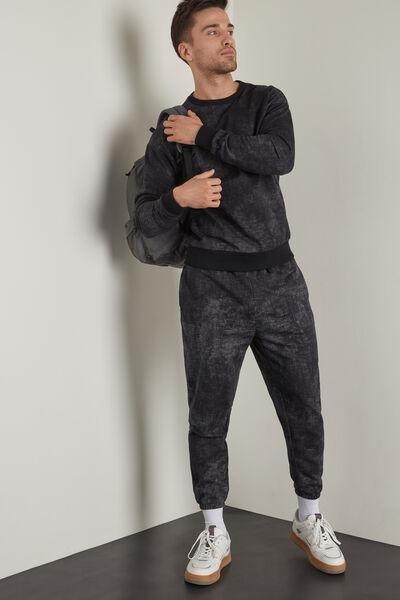 Black Used Print Long Tie-Dye Fleece Trousers, 5701_638U, large image number 1