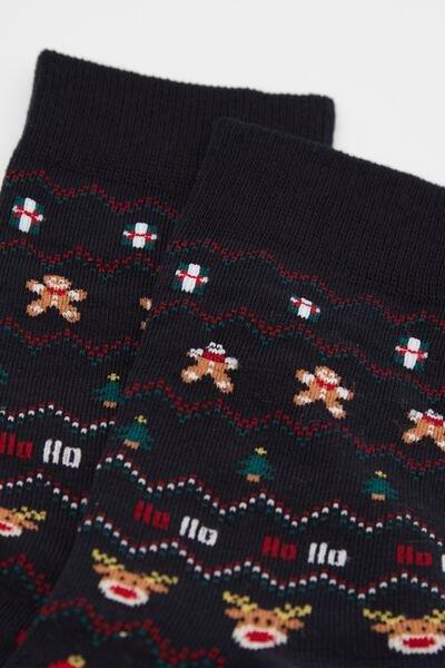 Navy Semi-Short Patterned Cotton Socks, 5701_152Z, large image number 1