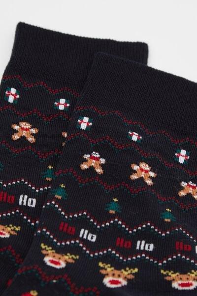 Navy Semi-Short Patterned Cotton Socks, 5701_152Z, large image number 1