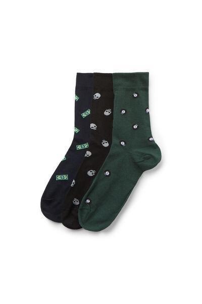 Black / Green / Navy Patterned Cotton Socks, Set Of 3, 5701_097Z, large image number 1
