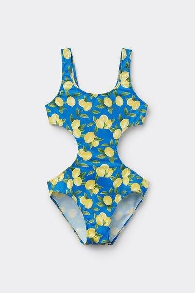 Navy Lemon-Print One-Piece Swimsuit, Kids Girls, , large image number 0