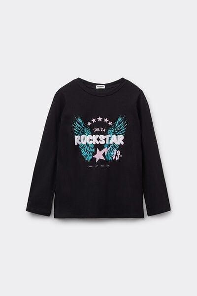 Black Printed Long Sleeve Cotton Top, Kids Girls, 5701_879Y, large image number 0
