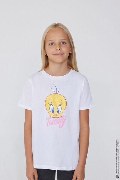 White Printed Metallic T-Shirt, Kids Girls, , large image number 0