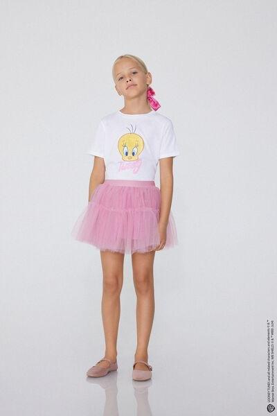 White Printed Metallic T-Shirt, Kids Girls, , large image number 1