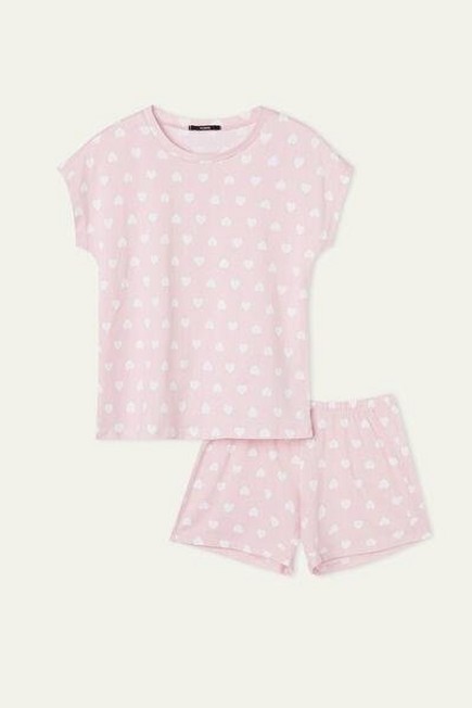 Tezenis - Light Pink Heart Print Short Cotton Pyjamas, Kids Girls