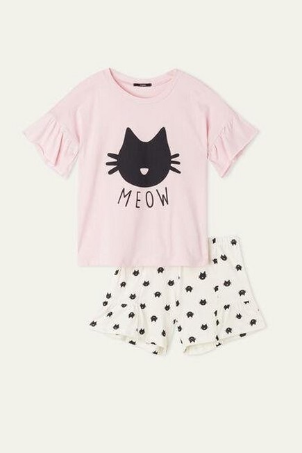 Tezenis - Pink Cat Print Girls' Short Cotton Pyjamas