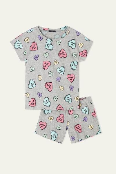 Tezenis - Grey Printed Short Cotton Pyjamas, Kids Girls