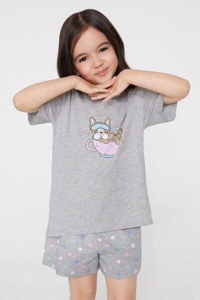 Grey Beauty Print Short Cotton Pyjama Set, Kids Girls, 5701_193Z, large image number 0