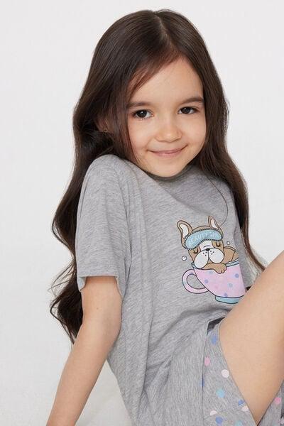 Grey Beauty Print Short Cotton Pyjama Set, Kids Girls, 5701_193Z, large image number 1
