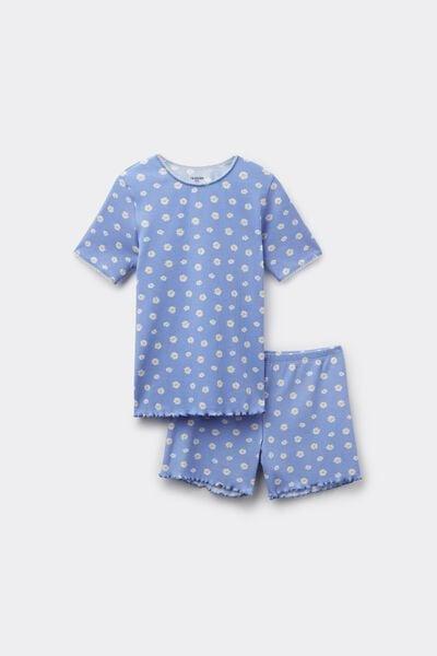Blue Daisy Print Ribbed Cotton Pyjama Set, Kids Girls, 5701_178Z, large image number 0