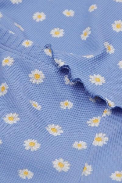 Blue Daisy Print Ribbed Cotton Pyjama Set, Kids Girls, 5701_178Z, large image number 1