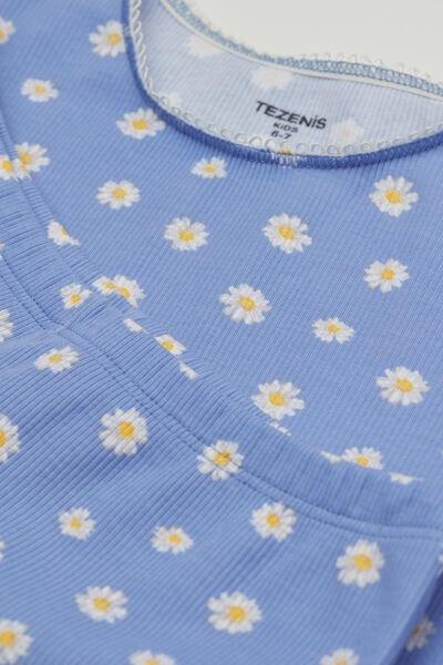 Blue Daisy Print Ribbed Cotton Pyjama Set, Kids Girls, 5701_178Z, large image number 2