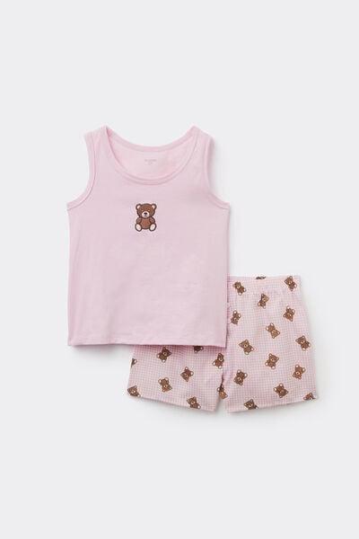 Pink Teddy Bear Print Cotton Pyjama Set, Kids Girls, 5701_449Z, large image number 0