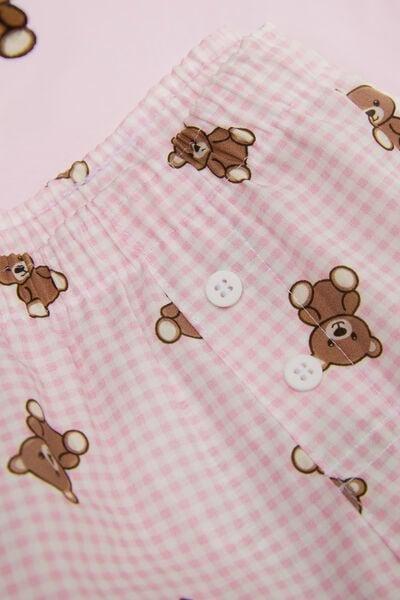 Pink Teddy Bear Print Cotton Pyjama Set, Kids Girls, 5701_449Z, large image number 2