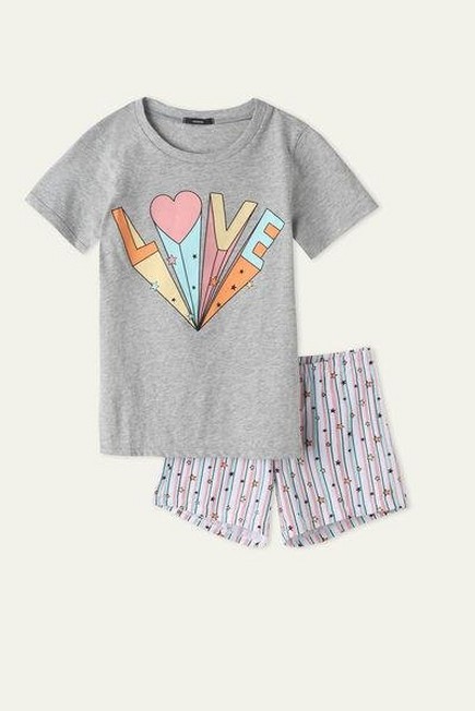 Tezenis - Grey Blend Love Print Girls Short Cotton Pyjamas