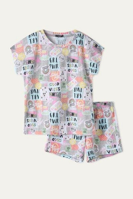 Tezenis - Grey Blend Power Print Short Cotton Pyjamas, Kids Girls