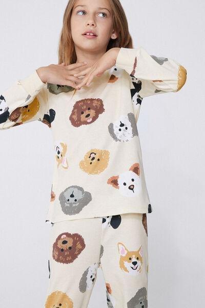 Cream Dog-Print Cotton Pyjama Set, Kids Girls, 5701_950Y, large image number 3
