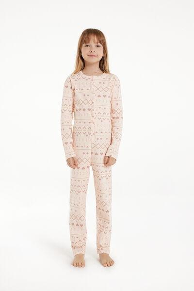 Beige Nordic Print Heavy Cotton Onesie Pyjamas, Kids Girls, , large image number 0