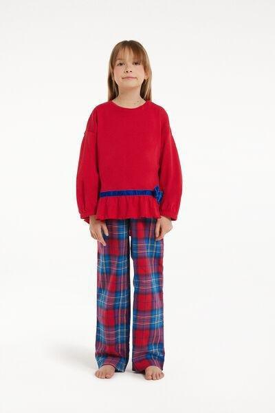 Red Long Cotton Flannel Pajamas, Kids Girls, , large image number 0
