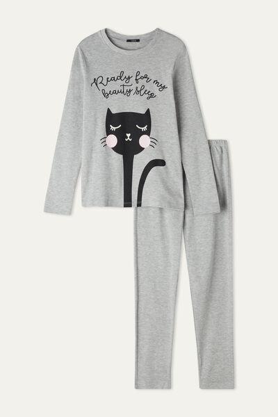Grey Cat Print Long Cotton Pyjamas, Kids Girls, 5701_604U, large image number 0