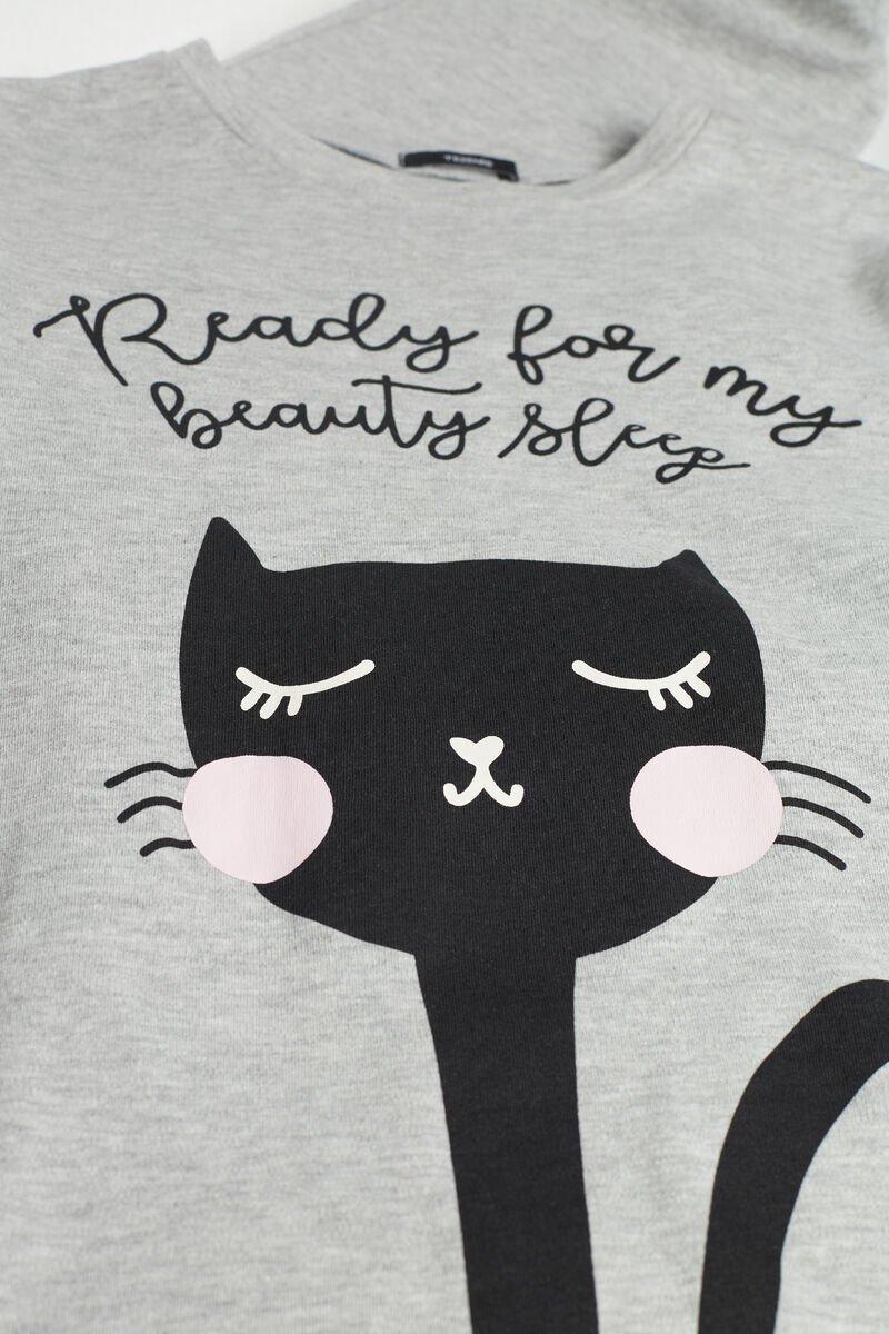 Tezenis - Grey Cat Print Long Cotton Pyjamas, Kids Girls