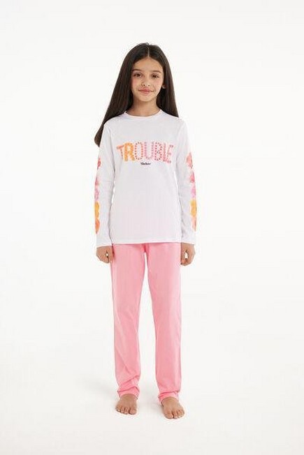 Tezenis - Pink Printed Long Cotton Pyjamas With Trouble, Kids Girls