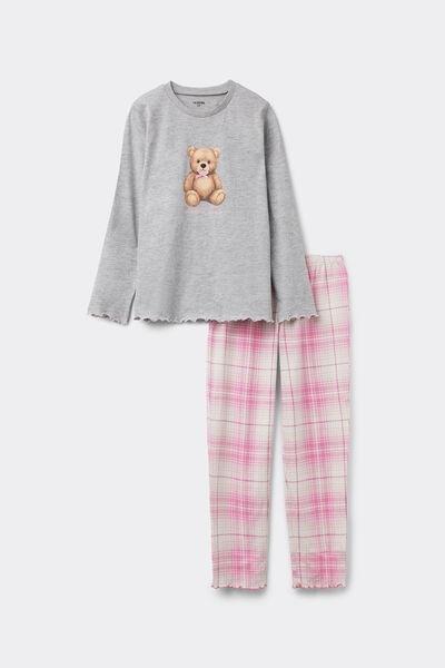 Grey / Pink Teddy Print Cotton Pyjama Set, Kids Girls, 5701_505Z, medium