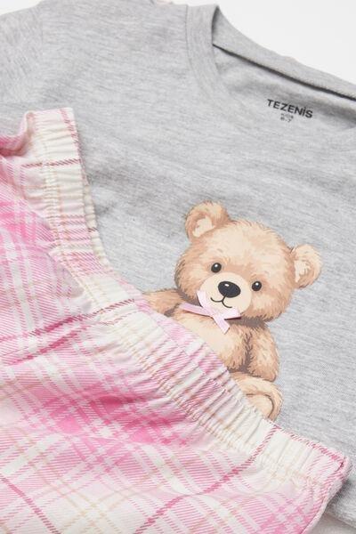 Grey / Pink Teddy Print Cotton Pyjama Set, Kids Girls, 5701_505Z, large image number 1