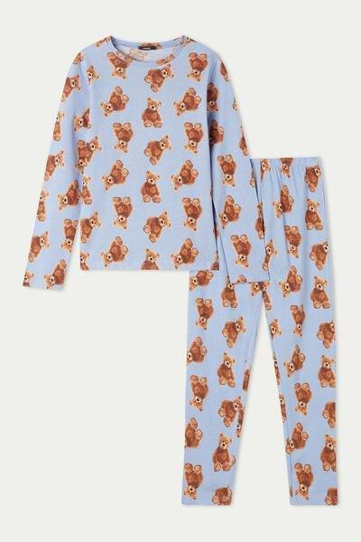Blue Teddy Printed Long Cotton Pyjamas, Kids Girls, 5701_570U, large image number 0