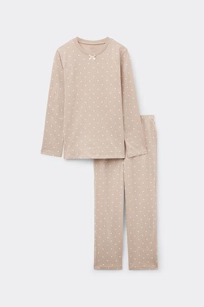 Beige Heart Print Cotton Pyjama Set, Kids Girls, 5701_494Z, large image number 0