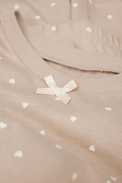 Beige Heart Print Cotton Pyjama Set, Kids Girls, 5701_494Z, medium
