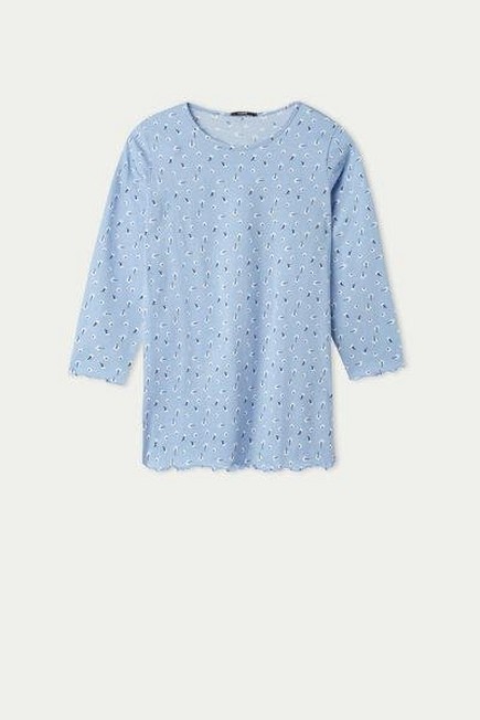 Tezenis - LIGHT IRIS BLUE SMALL FLOWER PRINT Girlsâ€™ Micro Floral Long-Sleeved Cotton Nightdress