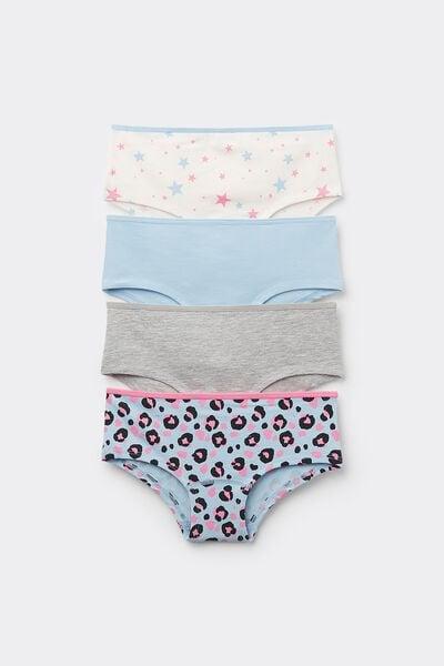 Blue/Gray Printed Cotton Shorts, Set Of 4, Kids Girls, 5701_529Y, large image number 0