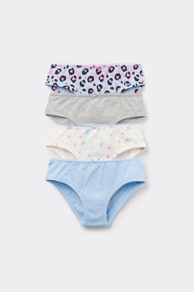 Blue / Grey / White Printed Cotton Knickers, Set Of 4, Kids Girls, 5701_529Y, large image number 0