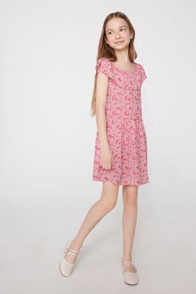Pink Ruffle Detail Canvas Dress, Kids Girls, 5701_438Z, large image number 0