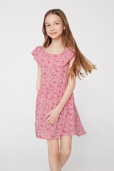 Pink Ruffle Detail Canvas Dress, Kids Girls, 5701_438Z, large image number 1
