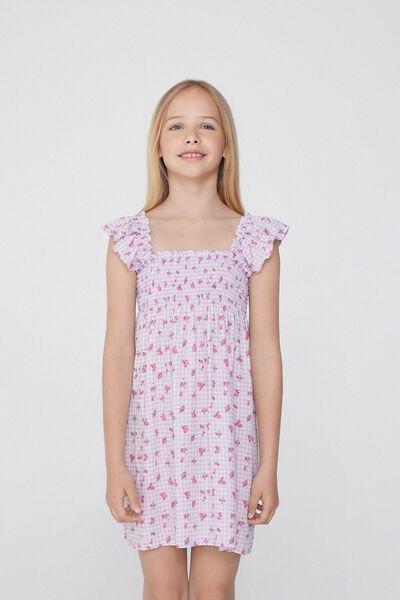 LILLA STAMPA VICHY FIORI Viscose Smock Stitch Canvas Dress with Wide Shoulder Straps, , large image number 0