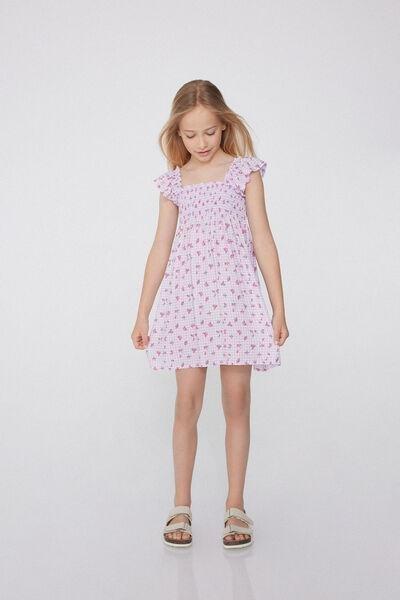 LILLA STAMPA VICHY FIORI Viscose Smock Stitch Canvas Dress with Wide Shoulder Straps, , large image number 1
