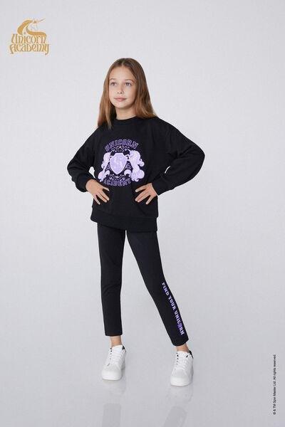 Black Unicorn Academy Print Leggings, Kids Girls, 5701_826Y, medium