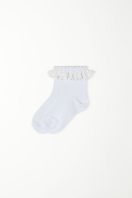 Tezenis - White Cotton And Lace Short Socks, Kids Girls