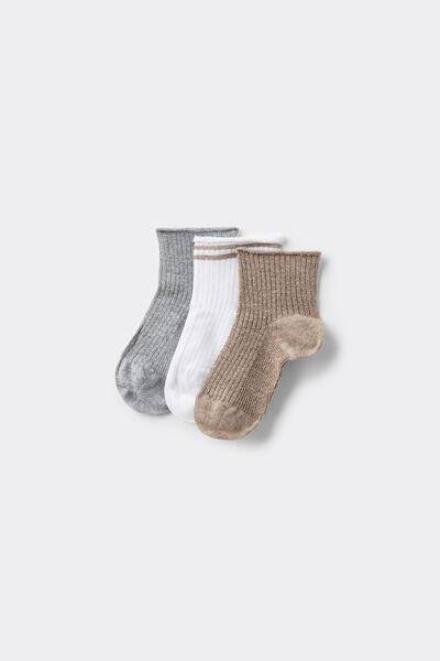 Grey / White / Gold Short Cotton Sock, Set Of 3, Kids Girls, , large image number 0