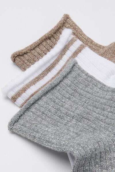 Grey / White / Gold Short Cotton Sock, Set Of 3, Kids Girls, 5701_155Z, large image number 1