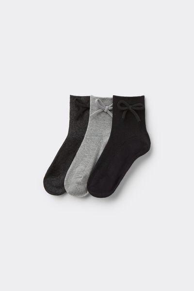Black / Grey Patterned Short Cotton Socks, Set Of 3, Kids Girls, 5701_075Z, medium