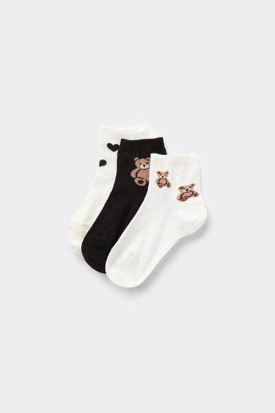 Black / White Short Patterned Cotton Socks, Set Of 3, Kids Girls, 5701_121Z, medium